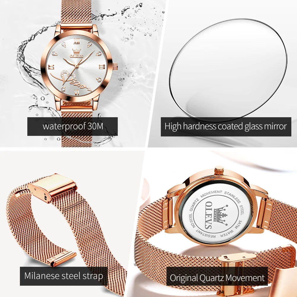 OLEVS 5530 Versatile Fashion Women's Quartz Watches Waterproof Mesh Belt Love Dial Luminous Clock Original Brand Wristwatch