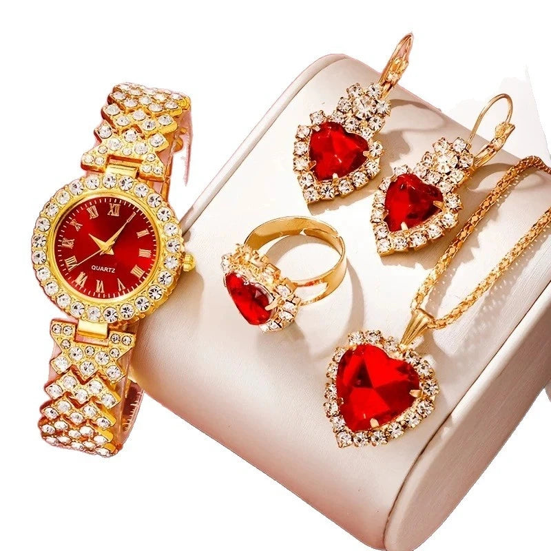 4PCS Set New Fashion Woman Bracelet Watches Ladies Crystal Stainless Steel Wrist Quartz Watch For Valentine's Day Birthday Gifts