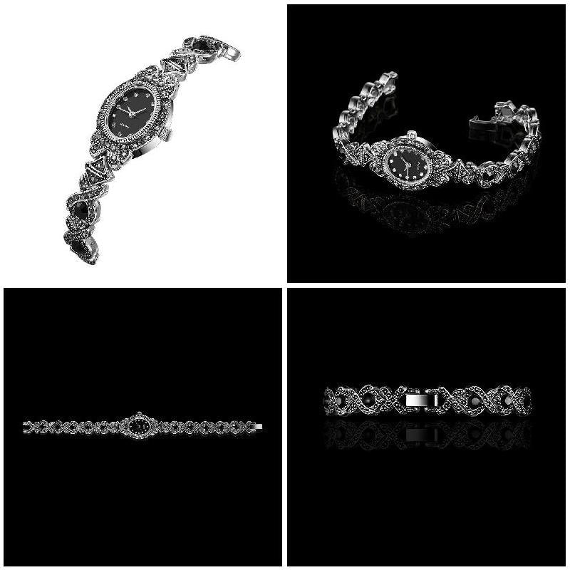 Vintage Women Rhinestone Quartz Watch Carved Alloy Band Bracelet Wristwatch Fashion Retro Crystal Ladies Clocks Gifts