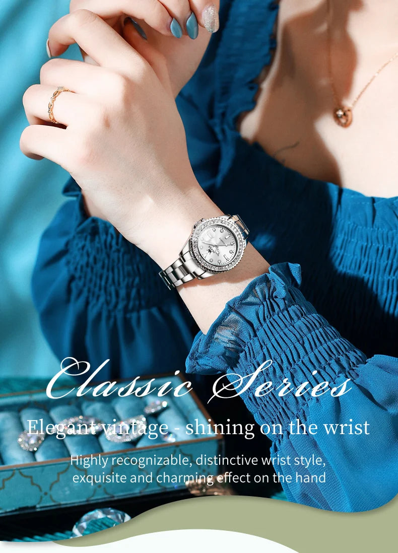 OLEVS Original Diamond Dial Quartz Watch for Women Fashion Elegant Ladies Watches Stainless Steel Waterproof Women's Wristwatch