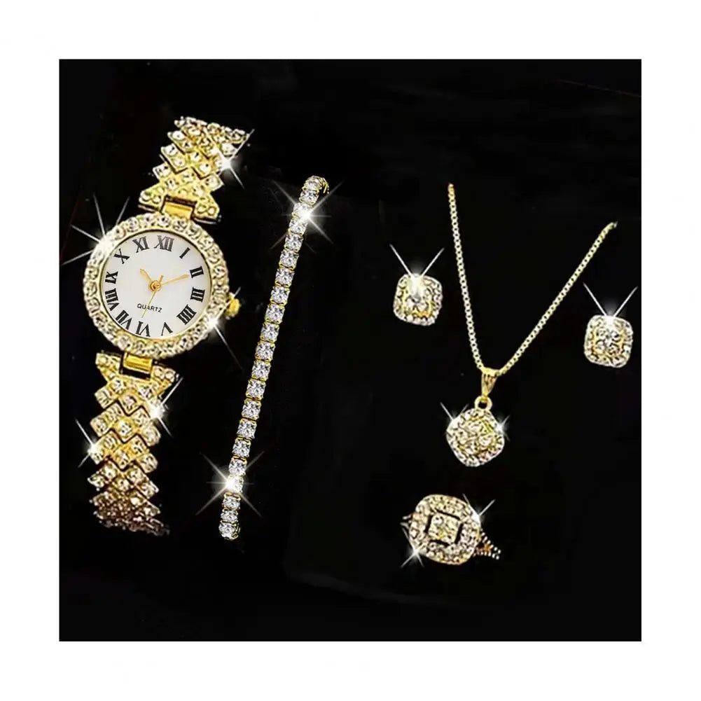 5Pcs/Set Women Luxury Shiny Rhinestone Jewelry Set 2025 Round Dial Quartz Watch Charm Necklace Stud Earrings Finger Ring Set