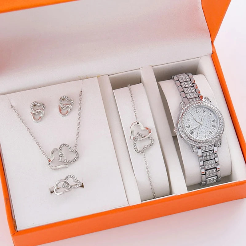6Pcs Women's Rhinestone Quartz Watch Set Fashion Wrist Watch & Jewelry Set Gift