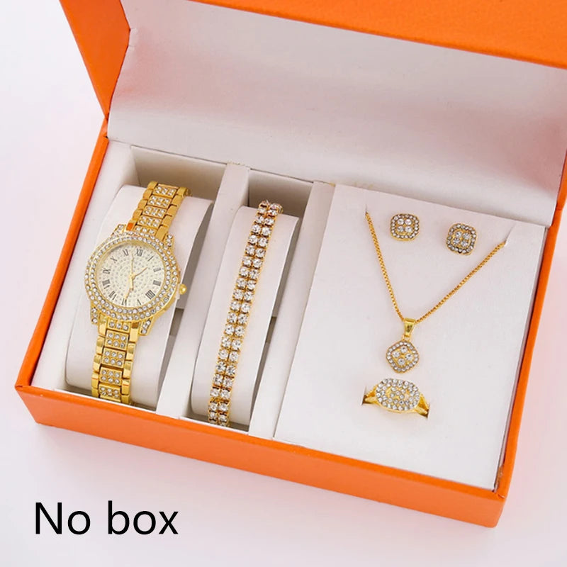 6Pcs Women's Rhinestone Quartz Watch Set Fashion Wrist Watch & Jewelry Set Gift