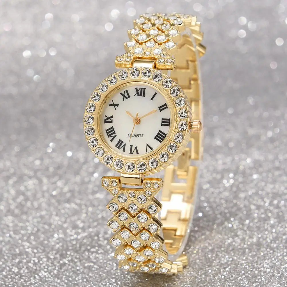 5Pcs/Set Women Luxury Shiny Rhinestone Jewelry Set 2025 Round Dial Quartz Watch Charm Necklace Stud Earrings Finger Ring Set