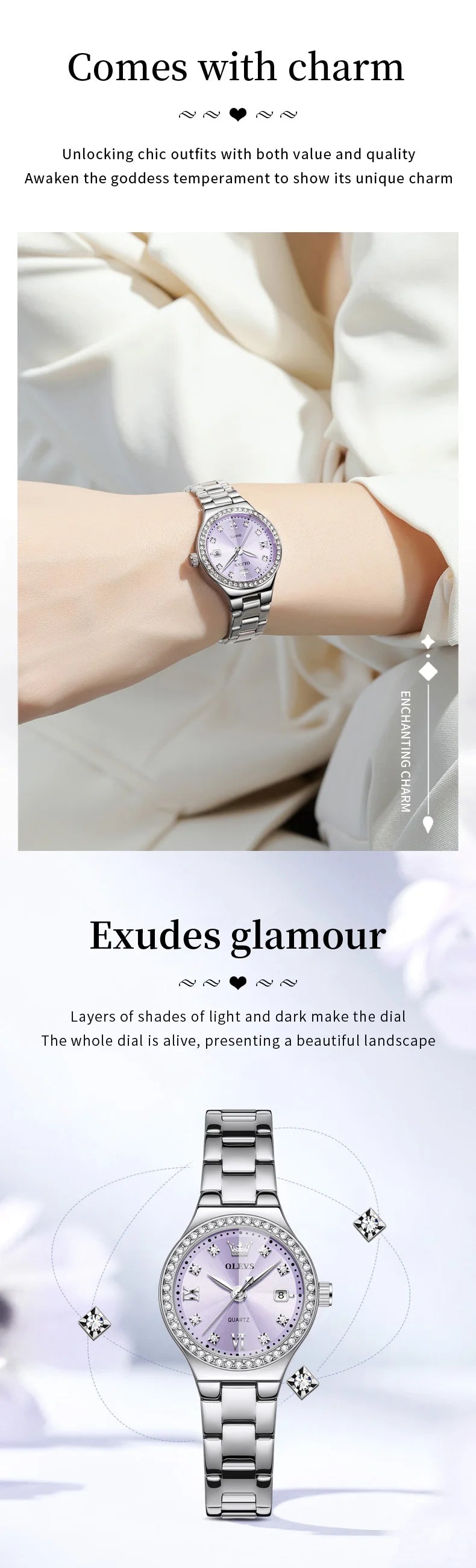 OLEVS 5628 Elegant Ladies' Watch Auto Date Diamond Dial Stainless Steel Waterproof Ladies' Quartz Watch