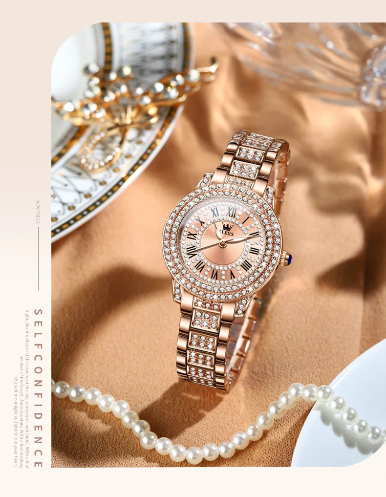 OLEVS 9943 Womens Watch Original Fashion Quartz Watch Roman Inlaid Zircon Dial Reloj Waterproof Luminous  Ladies Watch Box