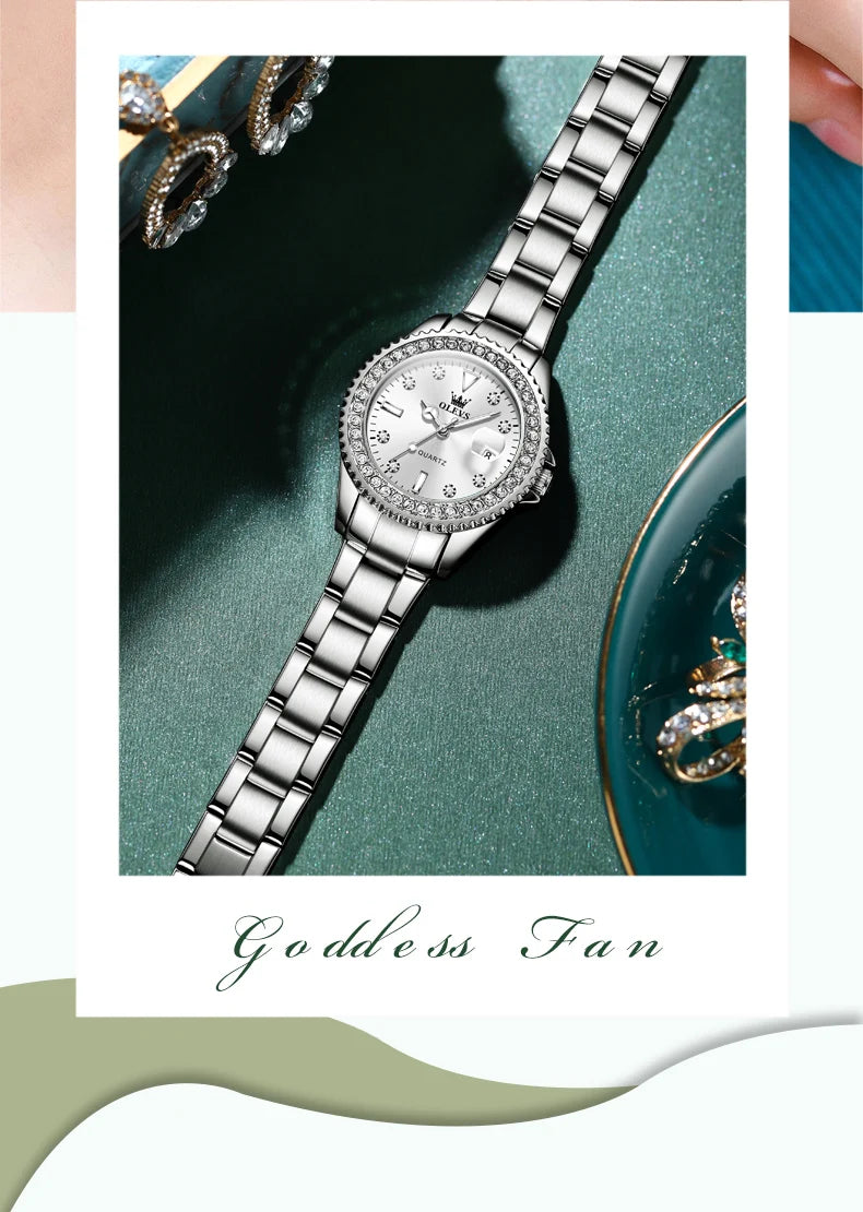 OLEVS Original Diamond Dial Quartz Watch for Women Fashion Elegant Ladies Watches Stainless Steel Waterproof Women's Wristwatch