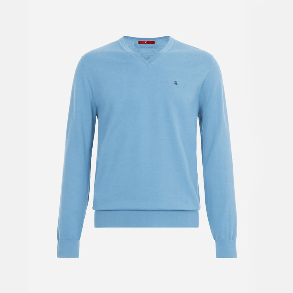 Men's Embroidered V-Neck Knit Sweater in light blue with long sleeves and embroidered detail.