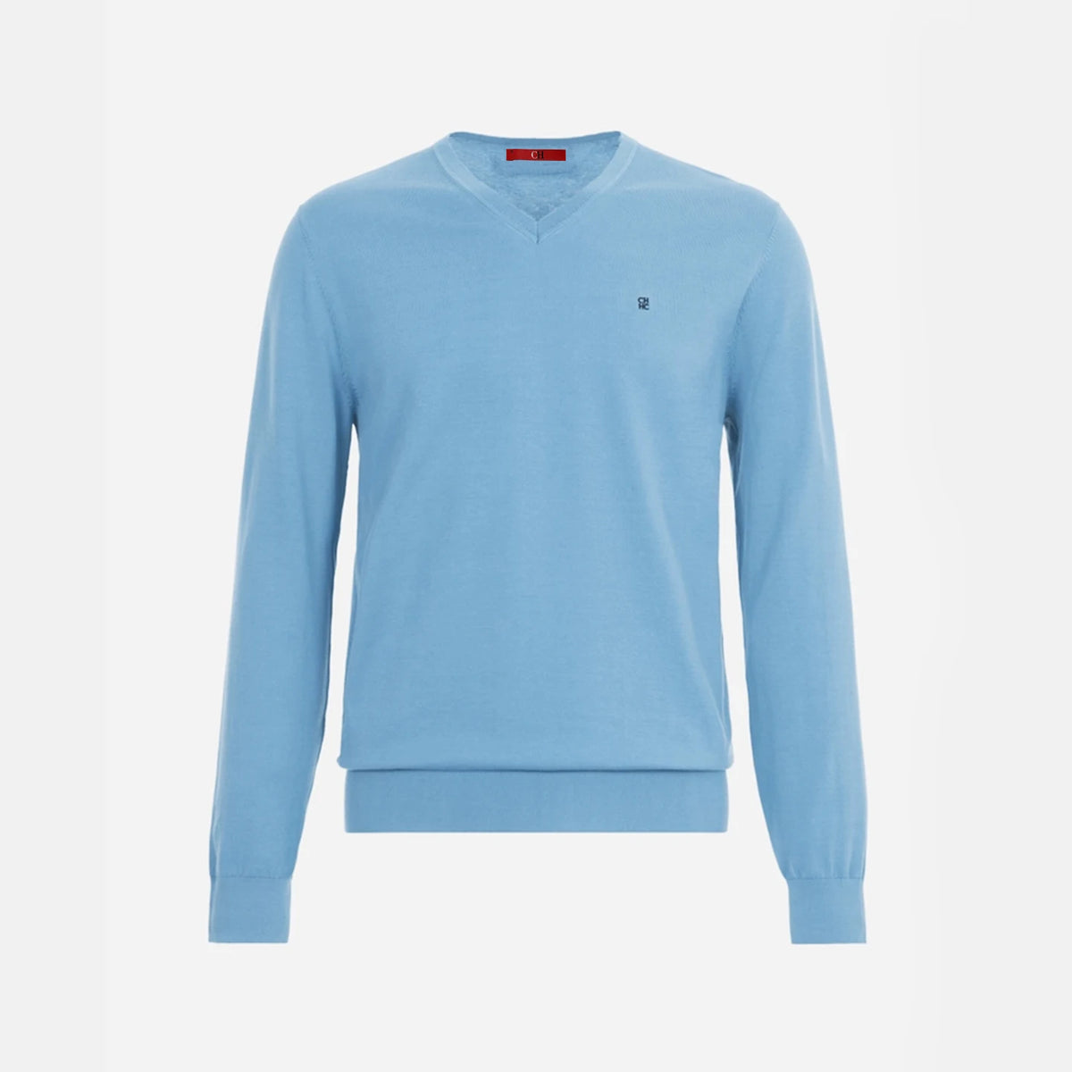 Men's Embroidered V-Neck Knit Sweater in light blue with long sleeves and embroidered detail.