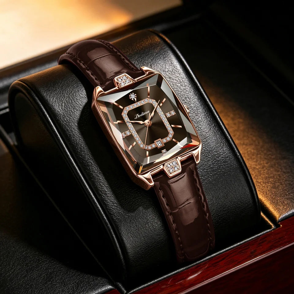 Women's Quartz Watch Square Elegant Fashion Wristwatch Diamond Embellished Luxurious Leather Strap Ladies Watch Girl Gifts