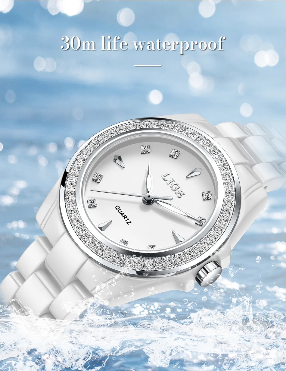 LIGE TOP Women Quartz Watches 2026 Ceramic Elegant Fashion Waterproof Luminous Clock Vintage Watch for Women Reloj De Mujer+BOX