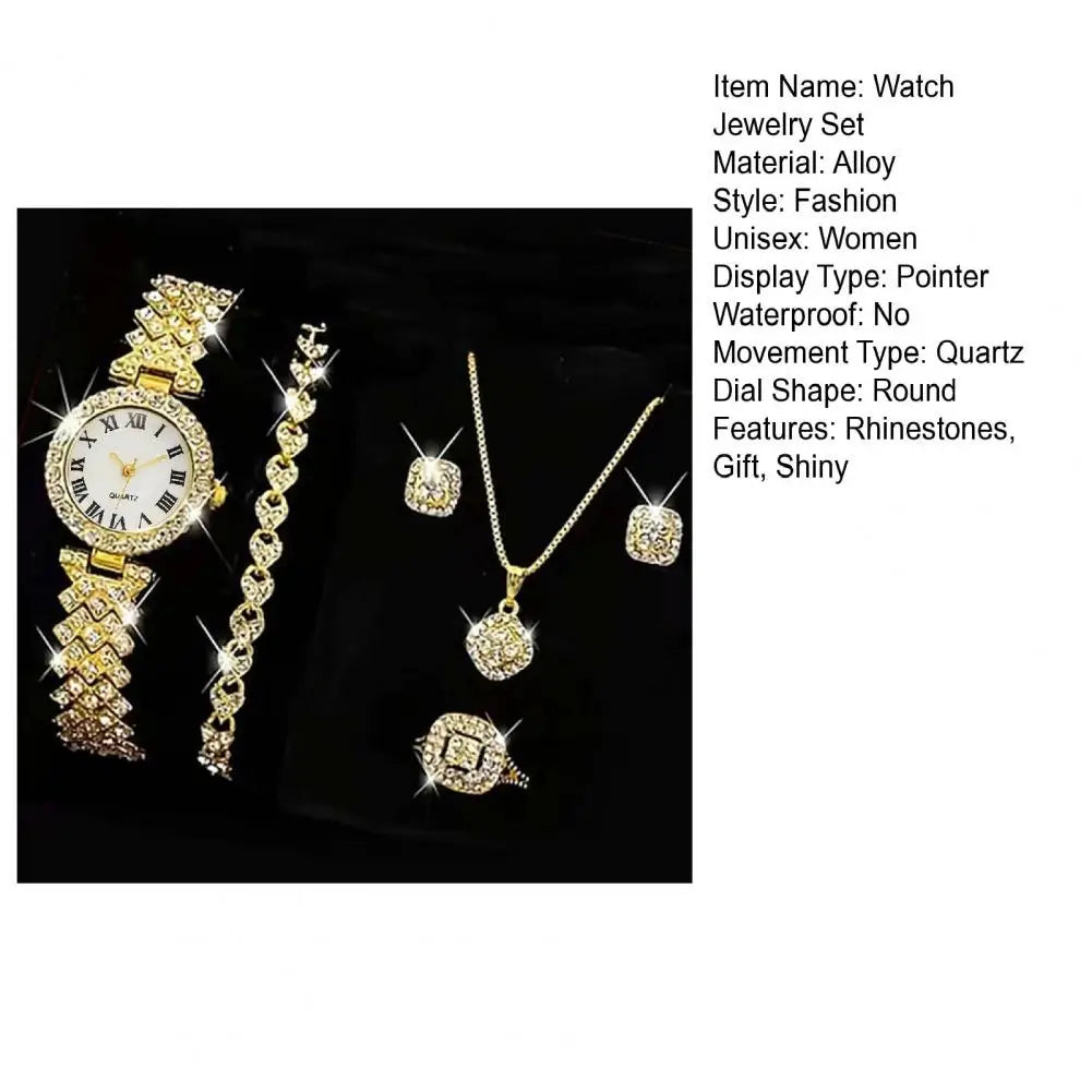 5Pcs/Set Women Luxury Shiny Rhinestone Jewelry Set 2025 Round Dial Quartz Watch Charm Necklace Stud Earrings Finger Ring Set