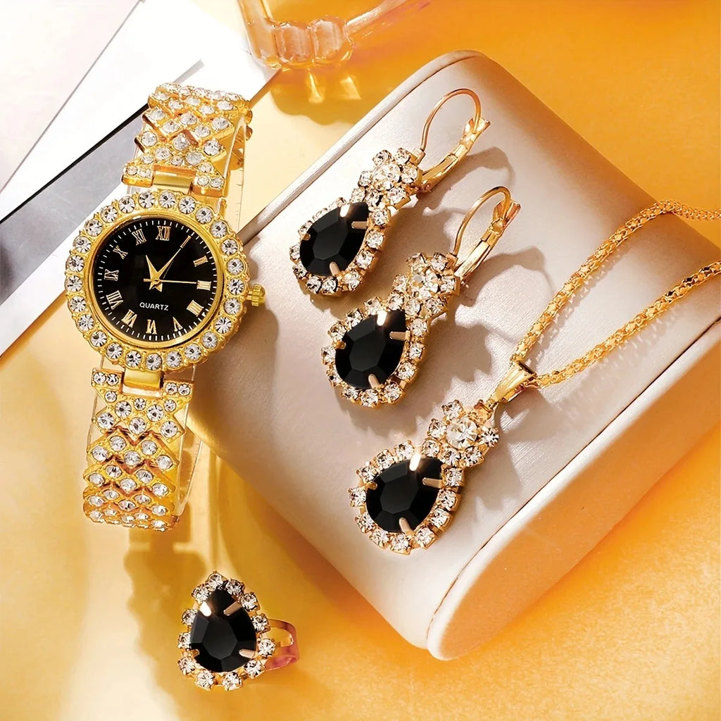 4PCS Set New Fashion Woman Bracelet Watches Ladies Crystal Stainless Steel Wrist Quartz Watch For Valentine's Day Birthday Gifts