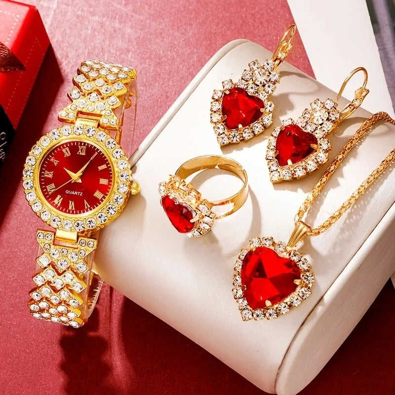 4PCS Set New Fashion Woman Bracelet Watches Ladies Crystal Stainless Steel Wrist Quartz Watch For Valentine's Day Birthday Gifts