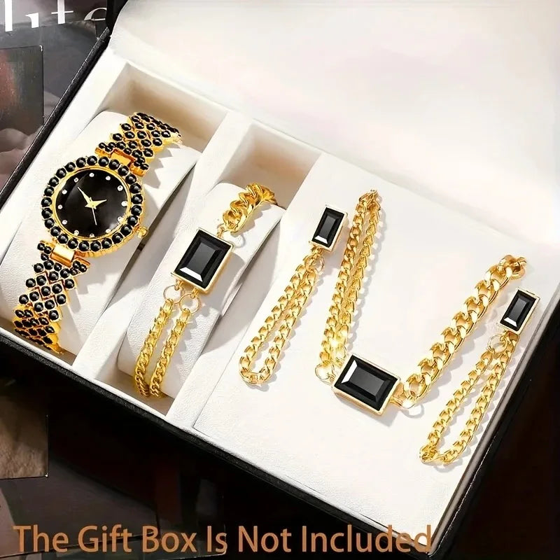 4PCS Set New Fashion Woman Bracelet Watches Ladies Crystal Stainless Steel Wrist Quartz Watch For Valentine's Day Birthday Gifts