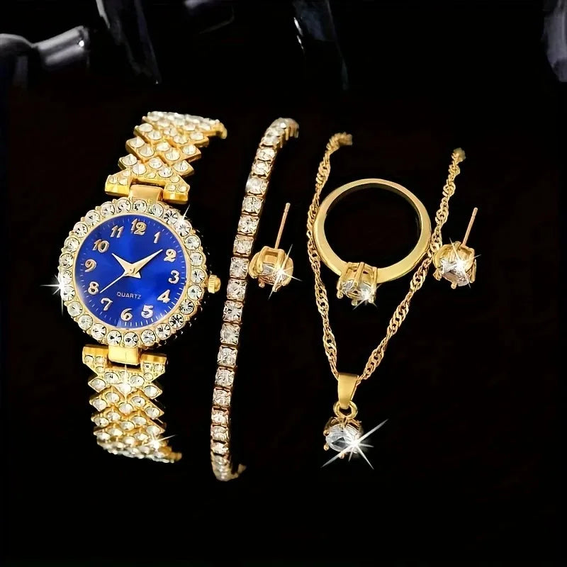 4PCS Set New Fashion Woman Bracelet Watches Ladies Crystal Stainless Steel Wrist Quartz Watch For Valentine's Day Birthday Gifts
