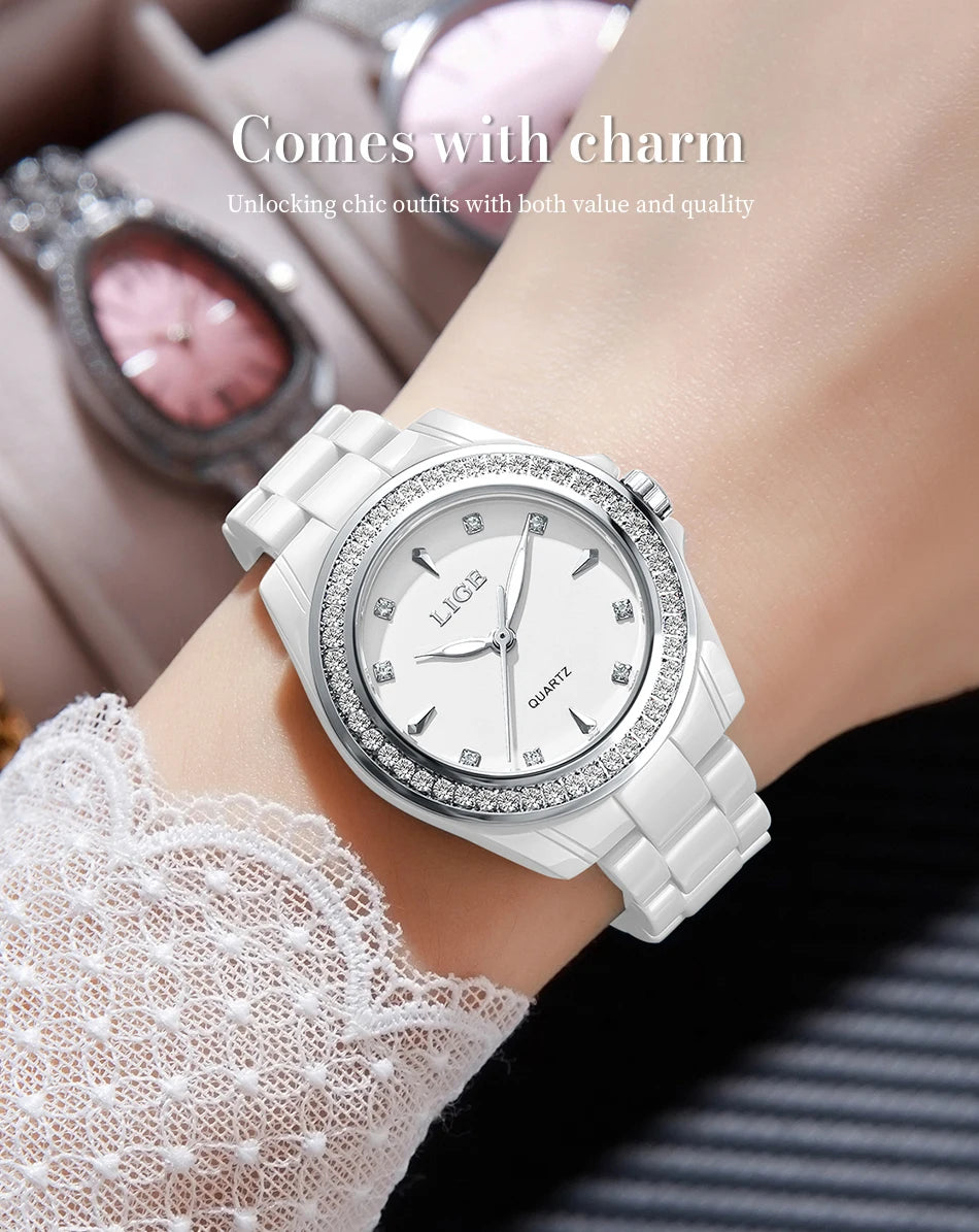LIGE TOP Women Quartz Watches 2026 Ceramic Elegant Fashion Waterproof Luminous Clock Vintage Watch for Women Reloj De Mujer+BOX