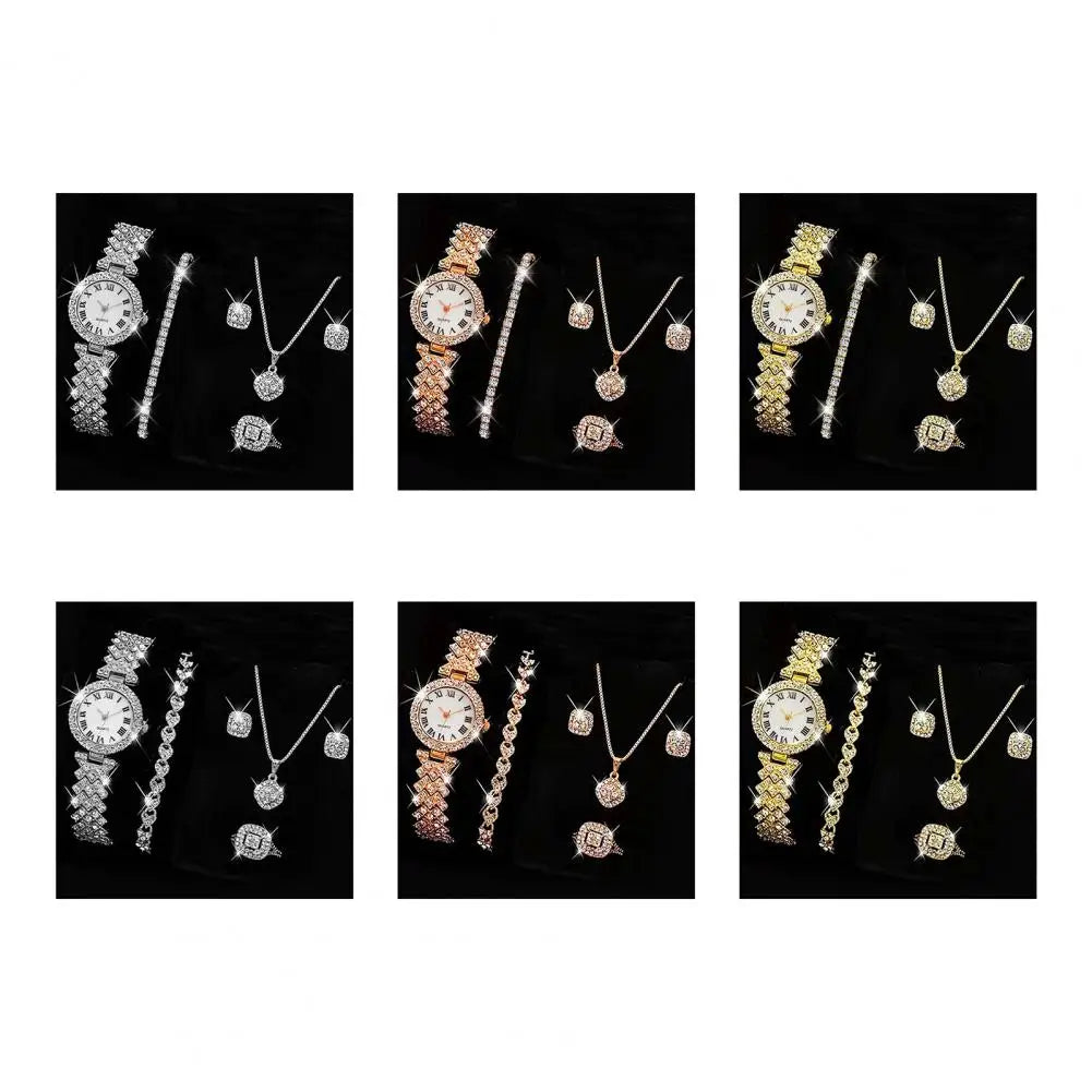 5Pcs/Set Women Luxury Shiny Rhinestone Jewelry Set 2025 Round Dial Quartz Watch Charm Necklace Stud Earrings Finger Ring Set