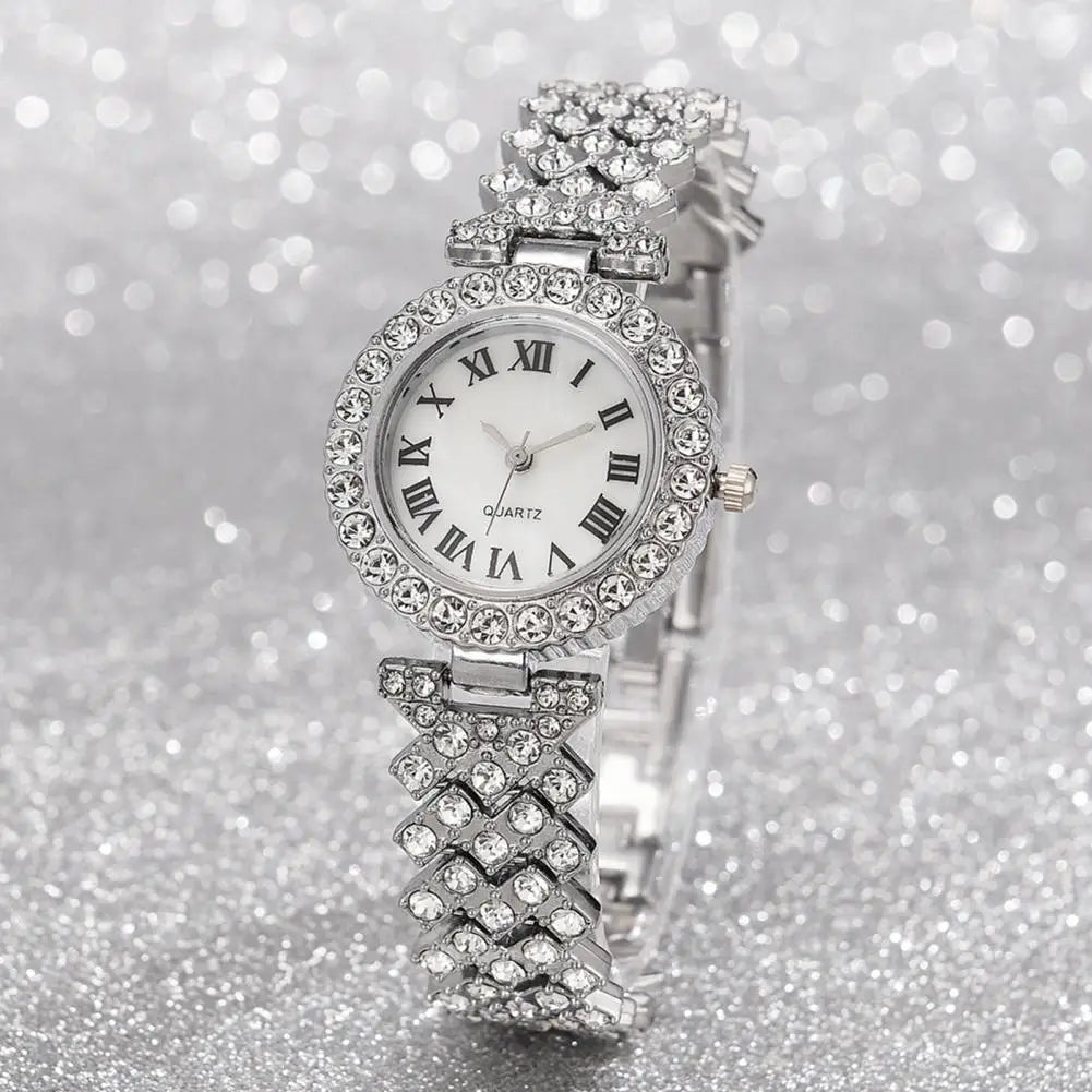 5Pcs/Set Women Luxury Shiny Rhinestone Jewelry Set 2025 Round Dial Quartz Watch Charm Necklace Stud Earrings Finger Ring Set