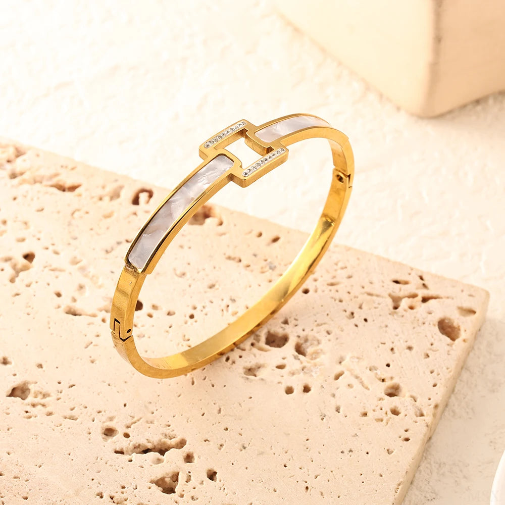 White shell cuff bracelet stainless steel bangle