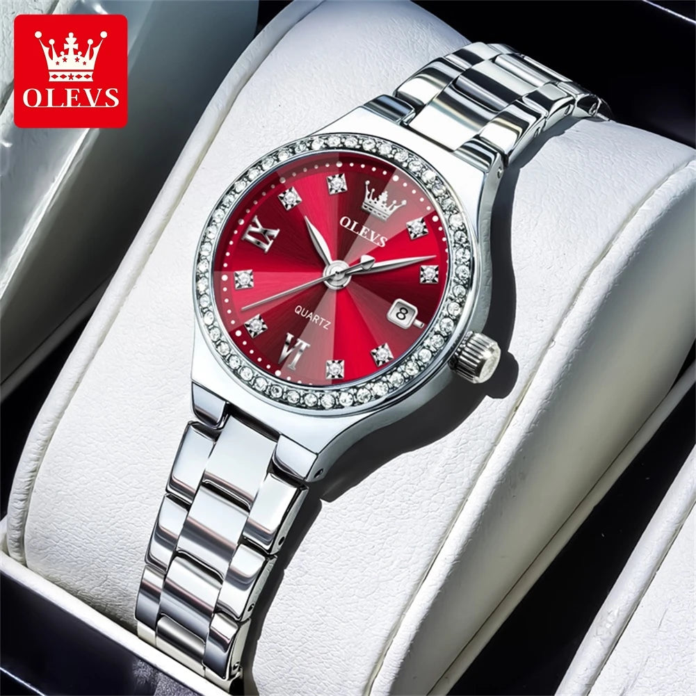 OLEVS 5628 Elegant Ladies' Watch Auto Date Diamond Dial Stainless Steel Waterproof Ladies' Quartz Watch