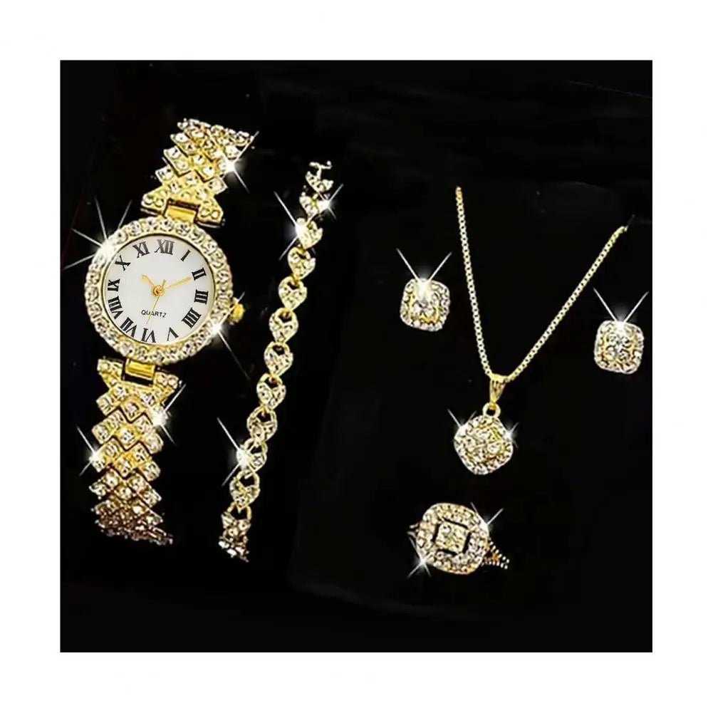 5Pcs/Set Women Luxury Shiny Rhinestone Jewelry Set 2025 Round Dial Quartz Watch Charm Necklace Stud Earrings Finger Ring Set