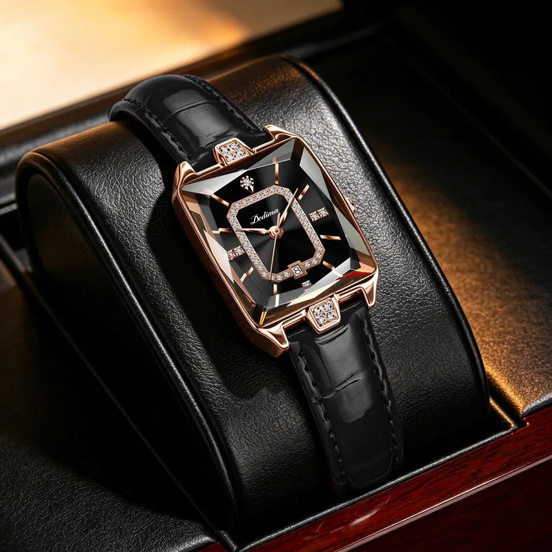 Women's Quartz Watch Square Elegant Fashion Wristwatch Diamond Embellished Luxurious Leather Strap Ladies Watch Girl Gifts