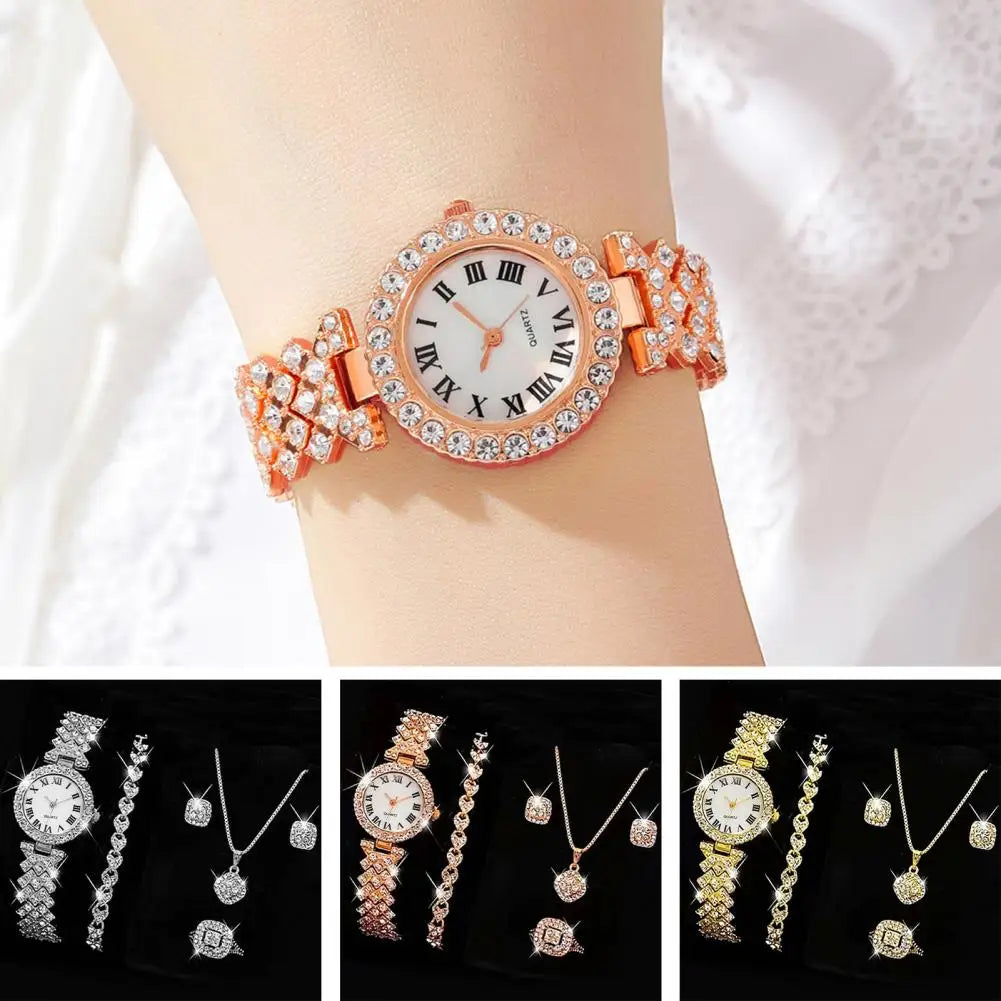 5Pcs/Set Women Luxury Shiny Rhinestone Jewelry Set 2025 Round Dial Quartz Watch Charm Necklace Stud Earrings Finger Ring Set