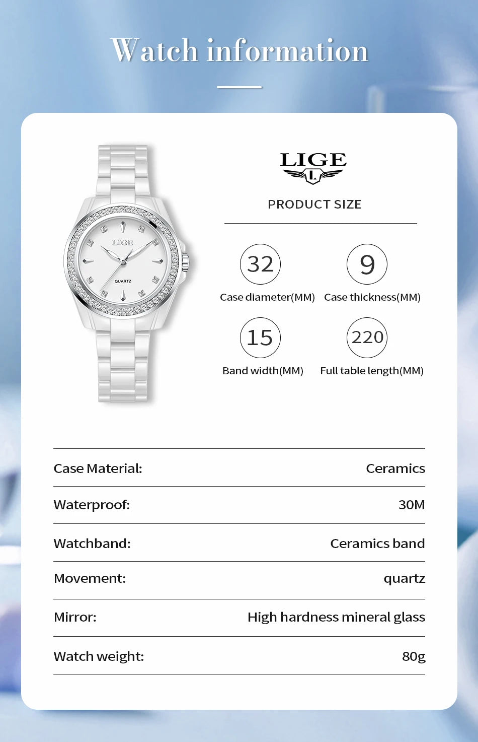 LIGE TOP Women Quartz Watches 2026 Ceramic Elegant Fashion Waterproof Luminous Clock Vintage Watch for Women Reloj De Mujer+BOX