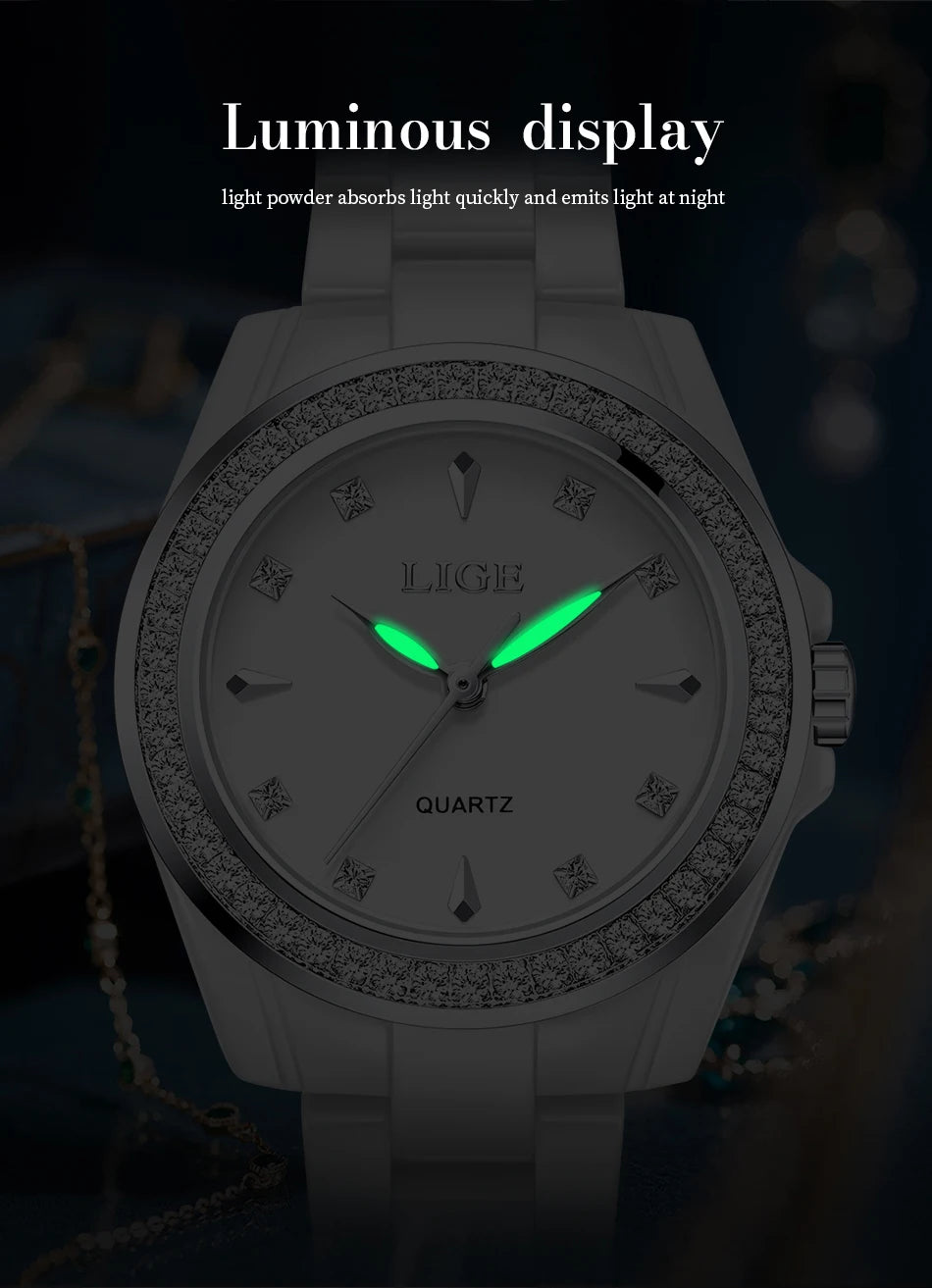 LIGE TOP Women Quartz Watches 2026 Ceramic Elegant Fashion Waterproof Luminous Clock Vintage Watch for Women Reloj De Mujer+BOX