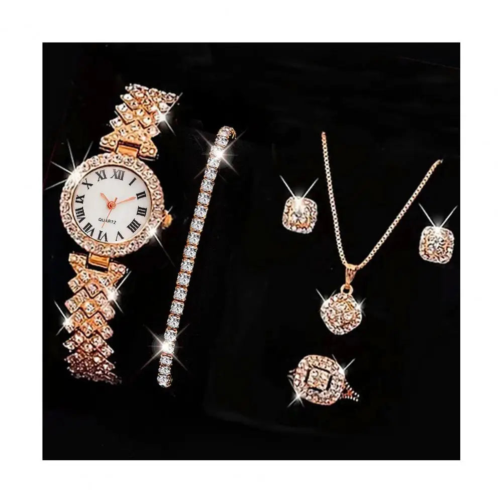 5Pcs/Set Women Luxury Shiny Rhinestone Jewelry Set 2025 Round Dial Quartz Watch Charm Necklace Stud Earrings Finger Ring Set