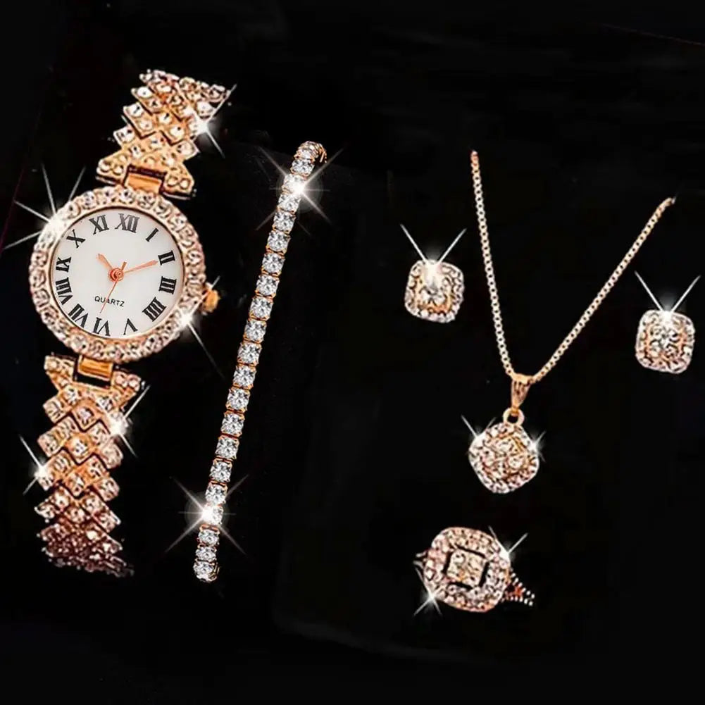 5Pcs/Set Women Luxury Shiny Rhinestone Jewelry Set 2025 Round Dial Quartz Watch Charm Necklace Stud Earrings Finger Ring Set
