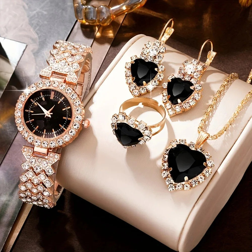 4PCS Set New Fashion Woman Bracelet Watches Ladies Crystal Stainless Steel Wrist Quartz Watch For Valentine's Day Birthday Gifts