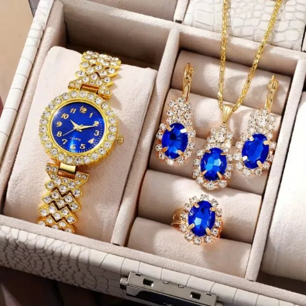 4PCS Set New Fashion Woman Bracelet Watches Ladies Crystal Stainless Steel Wrist Quartz Watch For Valentine's Day Birthday Gifts