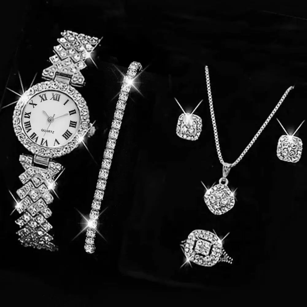 5Pcs/Set Women Luxury Shiny Rhinestone Jewelry Set 2025 Round Dial Quartz Watch Charm Necklace Stud Earrings Finger Ring Set