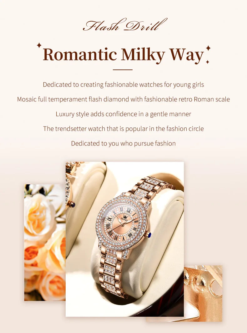 OLEVS 9943 Womens Watch Original Fashion Quartz Watch Roman Inlaid Zircon Dial Reloj Waterproof Luminous  Ladies Watch Box