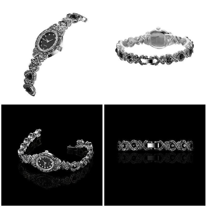 Vintage Women Rhinestone Quartz Watch Carved Alloy Band Bracelet Wristwatch Fashion Retro Crystal Ladies Clocks Gifts