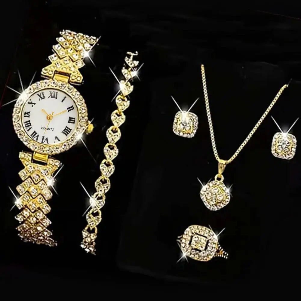 5Pcs/Set Women Luxury Shiny Rhinestone Jewelry Set 2025 Round Dial Quartz Watch Charm Necklace Stud Earrings Finger Ring Set