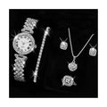 5Pcs/Set Women Luxury Shiny Rhinestone Jewelry Set 2025 Round Dial Quartz Watch Charm Necklace Stud Earrings Finger Ring Set