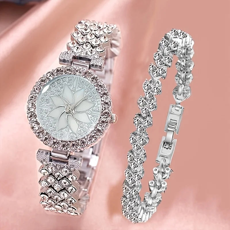 2Pc/Set 1Pc Rhinestone Decor Quartz Watch & 1Pcs Bracelet Fancy Women Watches Jewelry Sophisticated And Stylish Women Watch