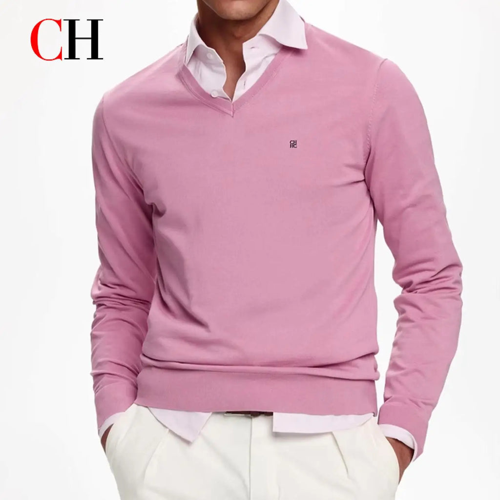 Men's Embroidered V-Neck Knit Sweater in pink, featuring embroidered detail and a regular fit for polished comfort.