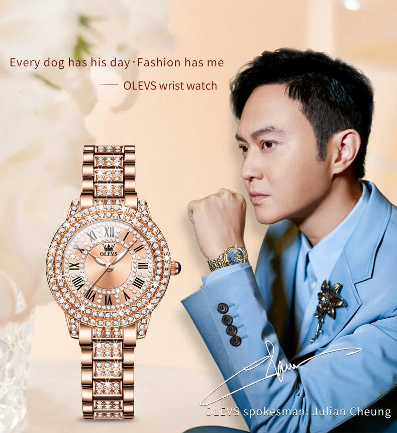 OLEVS 9943 Womens Watch Original Fashion Quartz Watch Roman Inlaid Zircon Dial Reloj Waterproof Luminous  Ladies Watch Box
