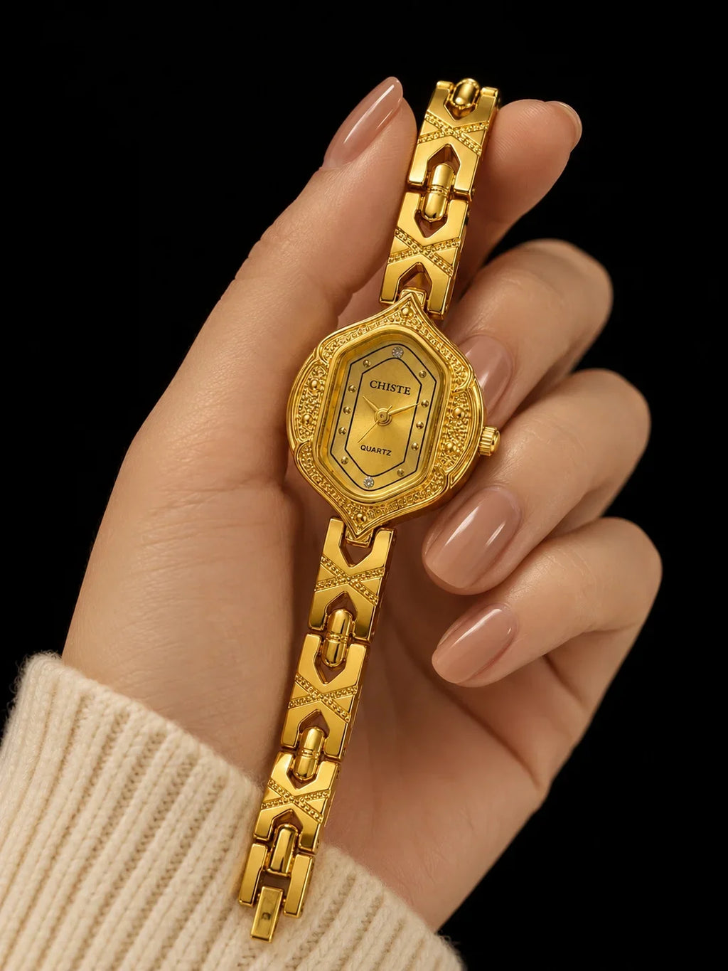 Retro Polygonal Dial Rhinestone Ladies Watch