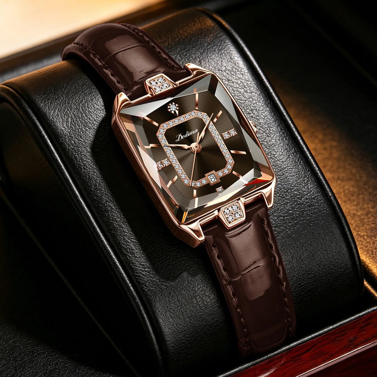 Women's Quartz Watch Square Elegant Fashion Wristwatch Diamond Embellished Luxurious Leather Strap Ladies Watch Girl Gifts