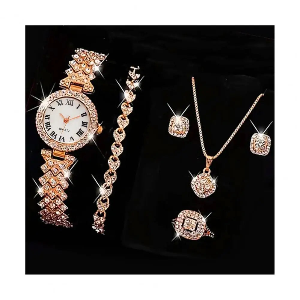 5Pcs/Set Women Luxury Shiny Rhinestone Jewelry Set 2025 Round Dial Quartz Watch Charm Necklace Stud Earrings Finger Ring Set