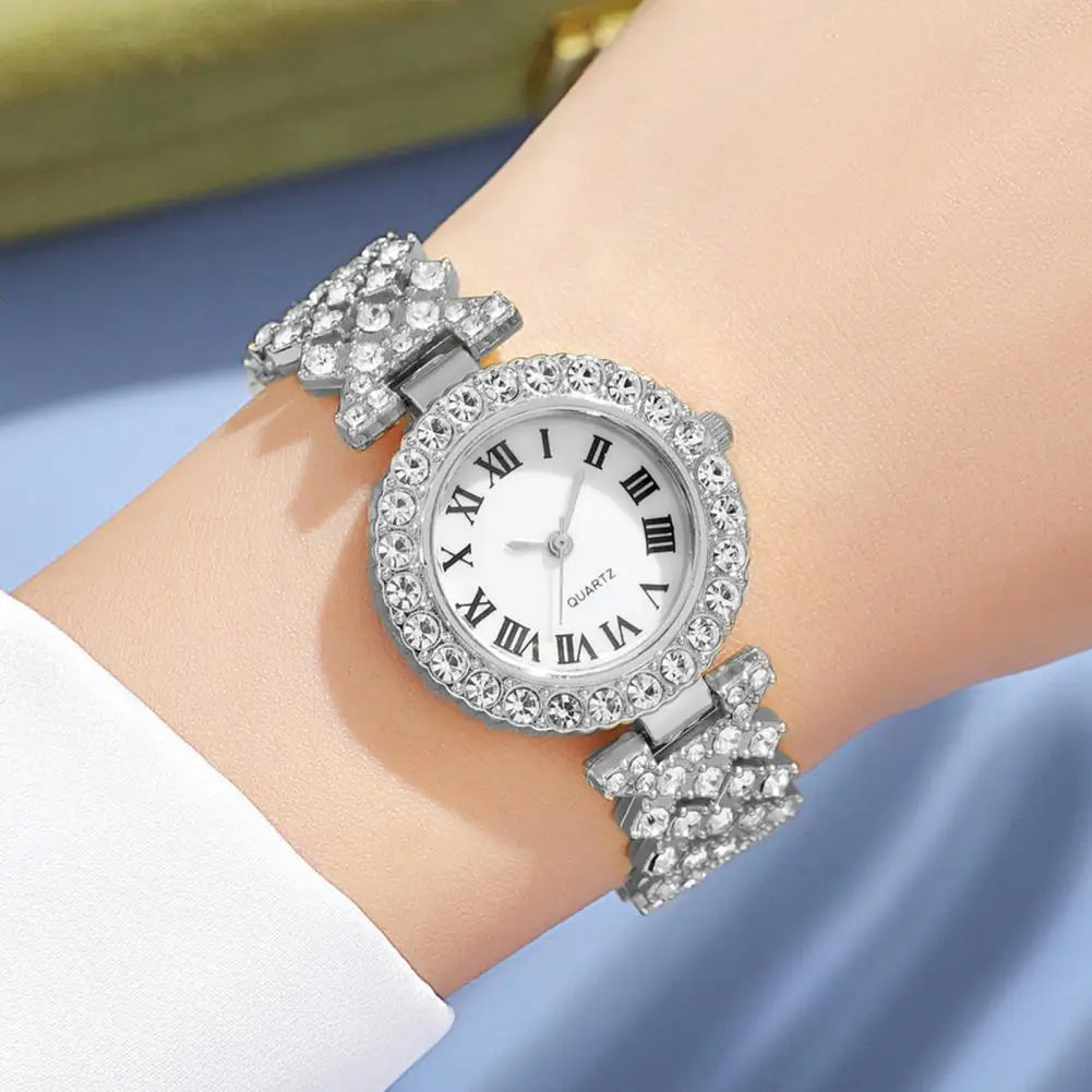 5Pcs/Set Women Luxury Shiny Rhinestone Jewelry Set 2025 Round Dial Quartz Watch Charm Necklace Stud Earrings Finger Ring Set