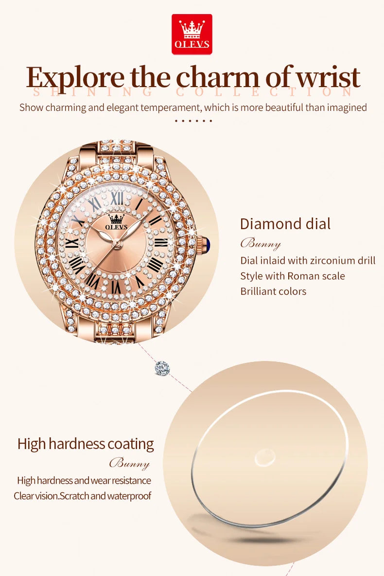 OLEVS 9943 Womens Watch Original Fashion Quartz Watch Roman Inlaid Zircon Dial Reloj Waterproof Luminous  Ladies Watch Box