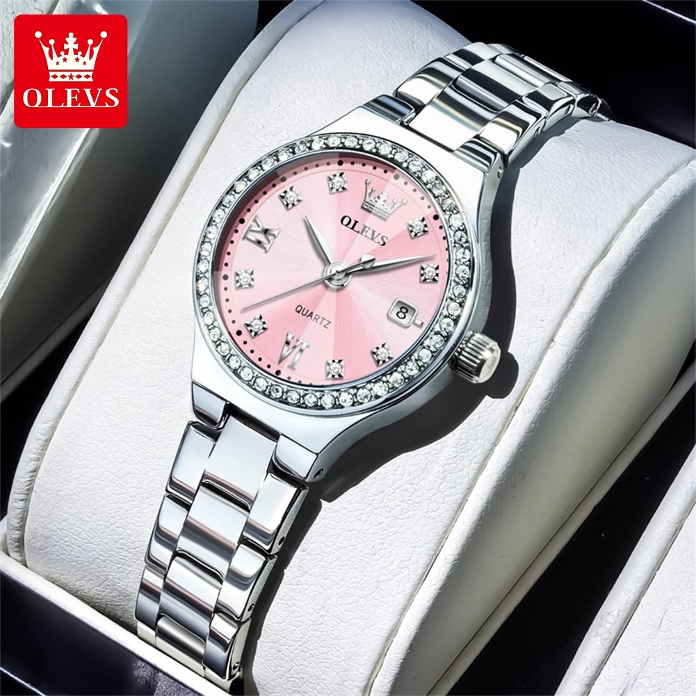 OLEVS 5628 Elegant Ladies' Watch Auto Date Diamond Dial Stainless Steel Waterproof Ladies' Quartz Watch