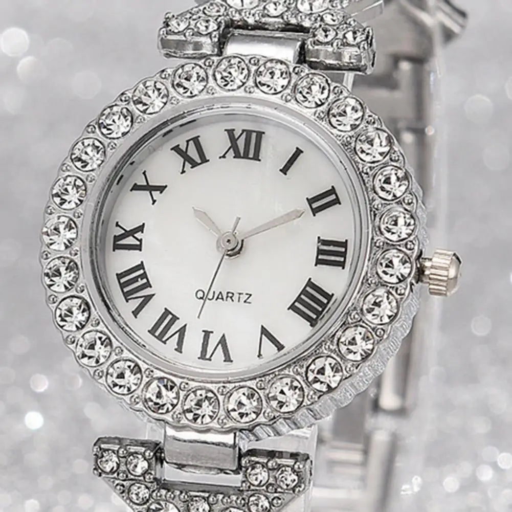 5Pcs/Set Women Luxury Shiny Rhinestone Jewelry Set 2025 Round Dial Quartz Watch Charm Necklace Stud Earrings Finger Ring Set