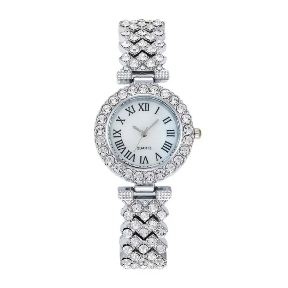 5Pcs/Set Women Luxury Shiny Rhinestone Jewelry Set 2025 Round Dial Quartz Watch Charm Necklace Stud Earrings Finger Ring Set